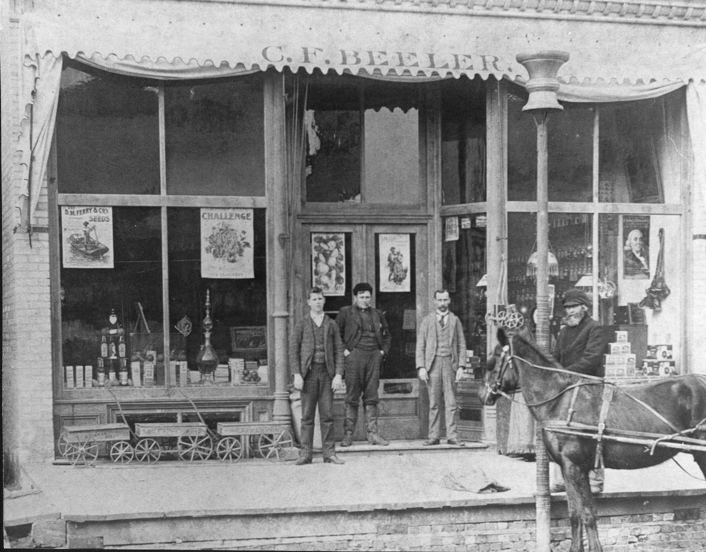 131E2 In the 1890’s the local pharmacist was Conrad Beeler. His store was located in what is now the store front of Caledonia Dance. Later Beeler, Vanderlies and Jones opened Caledonia Drugs.